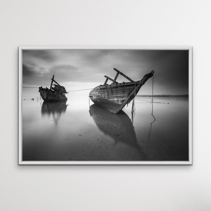Forgotten Shore - Black and White Boat Landscape Framed Canvas Print Wall Art Print - I Heart Wall Art