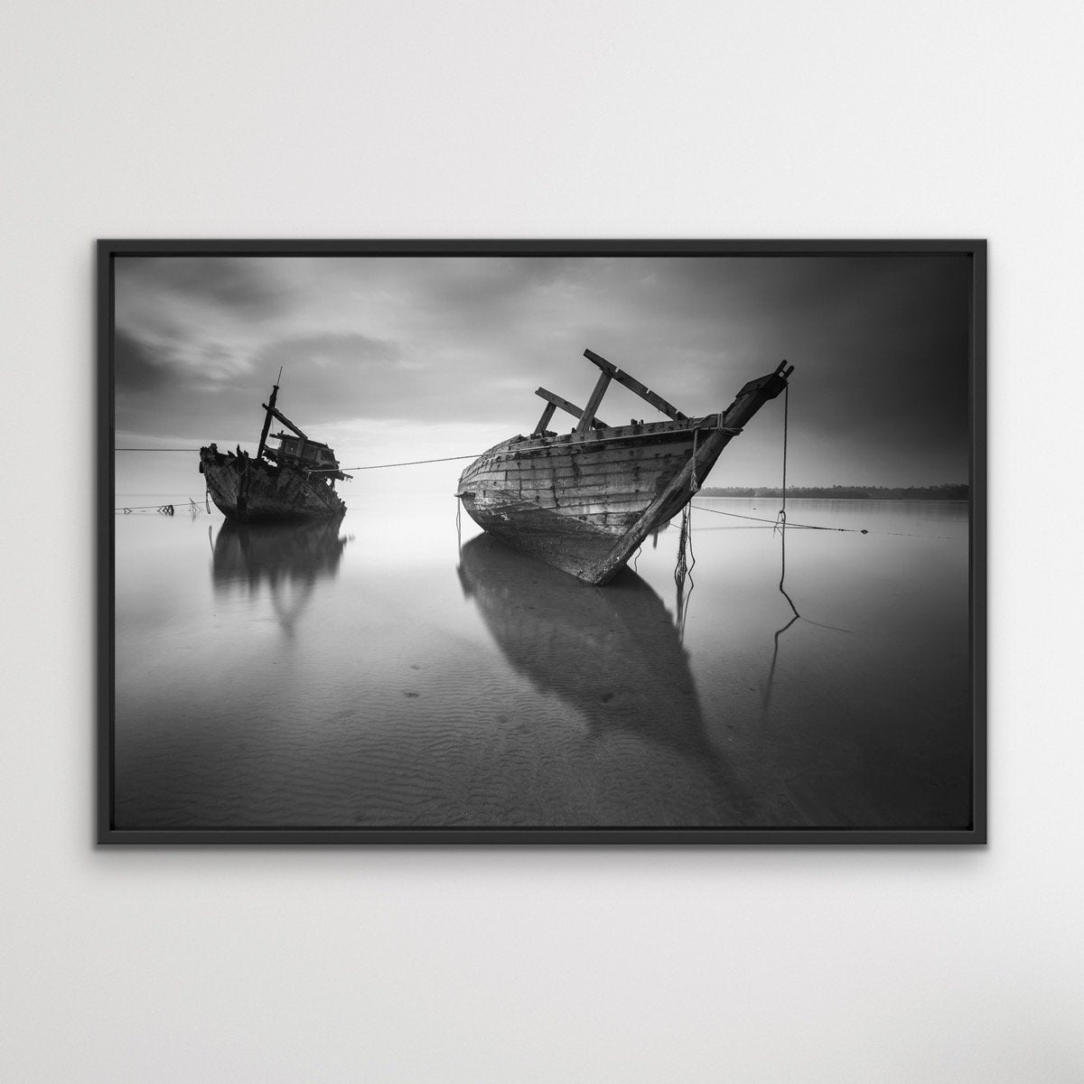 Forgotten Shore - Black and White Boat Landscape Framed Canvas Print Wall Art Print - I Heart Wall Art