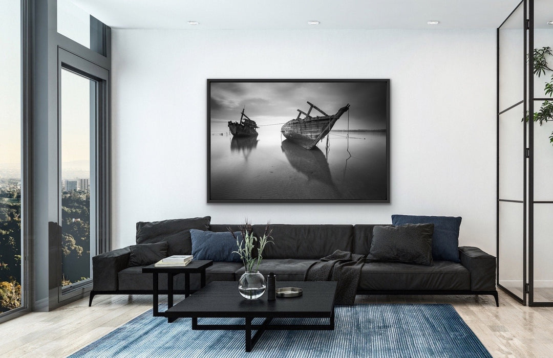 Forgotten Shore - Black and White Boat Landscape Framed Canvas Print Wall Art Print - I Heart Wall Art