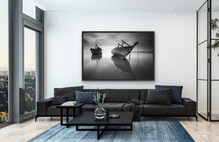 Forgotten Shore - Black and White Boat Landscape Framed Canvas Print Wall Art Print - I Heart Wall Art