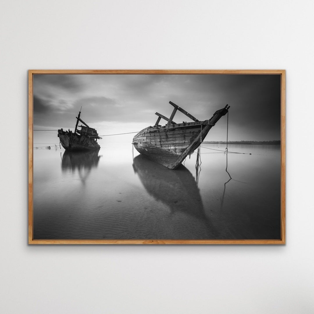Forgotten Shore - Black and White Boat Landscape Framed Canvas Print Wall Art Print - I Heart Wall Art