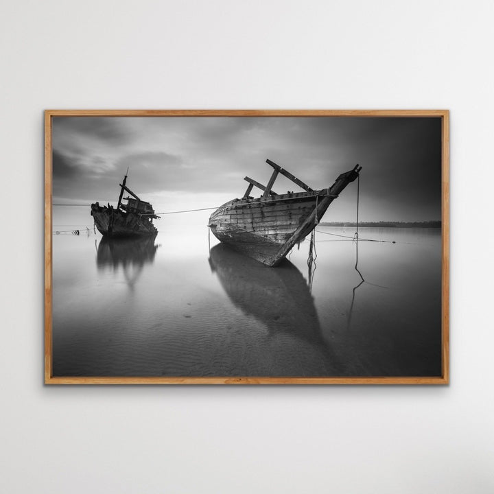 Forgotten Shore - Black and White Boat Landscape Framed Canvas Print Wall Art Print - I Heart Wall Art