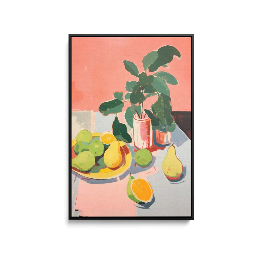 Fresh fruit pink and yellow still life stretched canvas print featuring a vibrant potted plant in a pink ceramic pot
