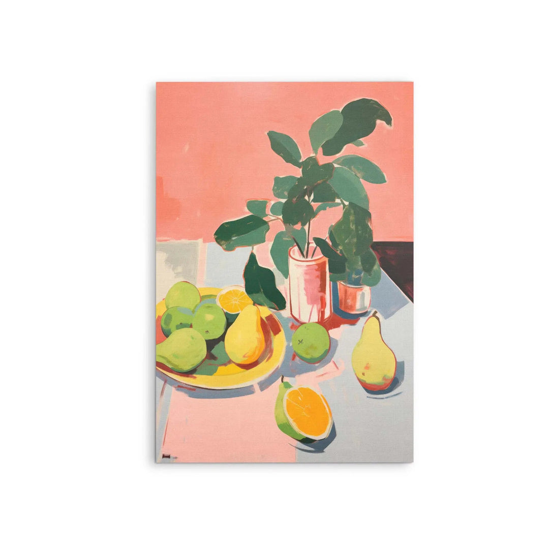 Vibrant still life canvas print featuring lush green plant in pink pot with yellow and green pears on gray table coral background