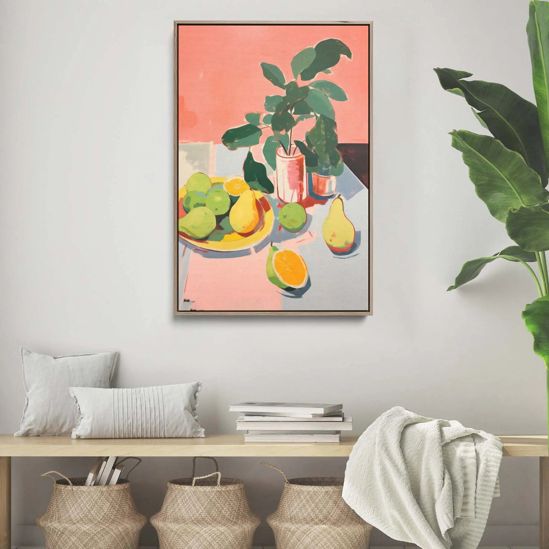 Fresh fruit pink and yellow still life stretched canvas print with vibrant pink and green potted plant and fruit on table