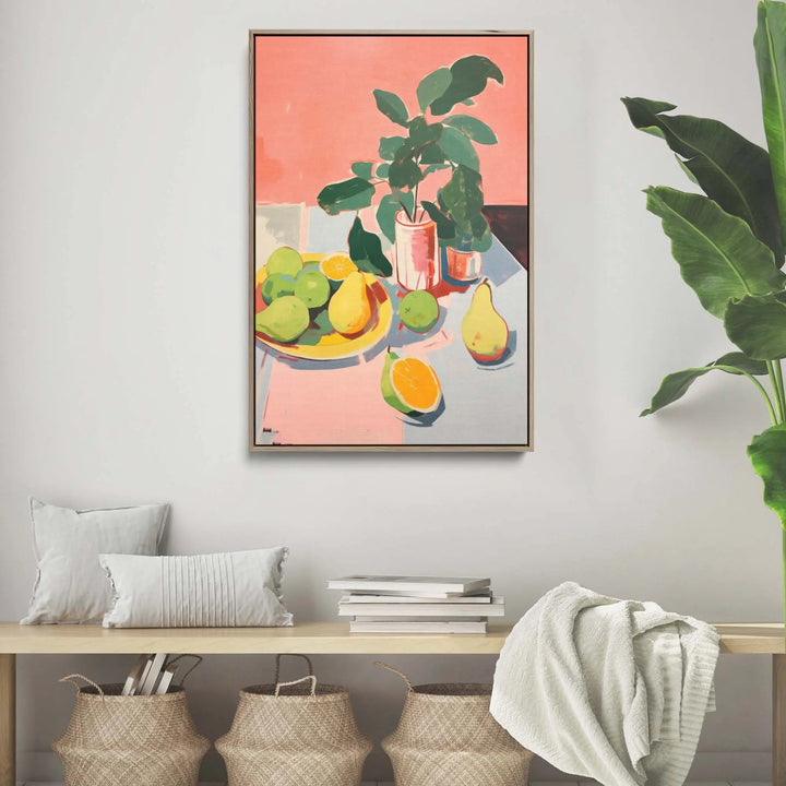 Fresh fruit pink and yellow still life stretched canvas print with vibrant pink and green potted plant and fruit on table