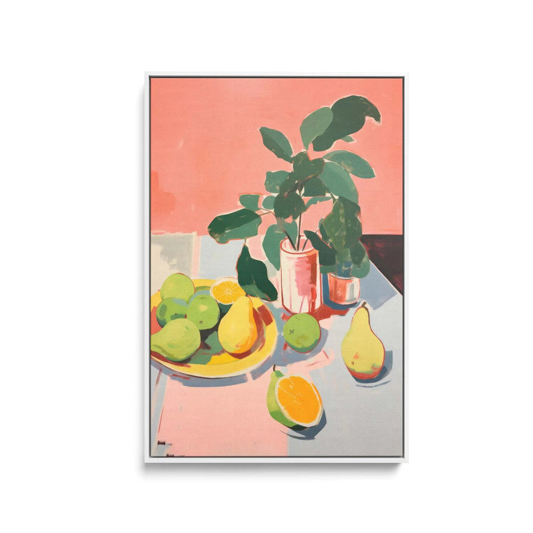 Fresh fruit pink and yellow still life stretched canvas print of a vibrant painting with a potted plant and assorted fruits