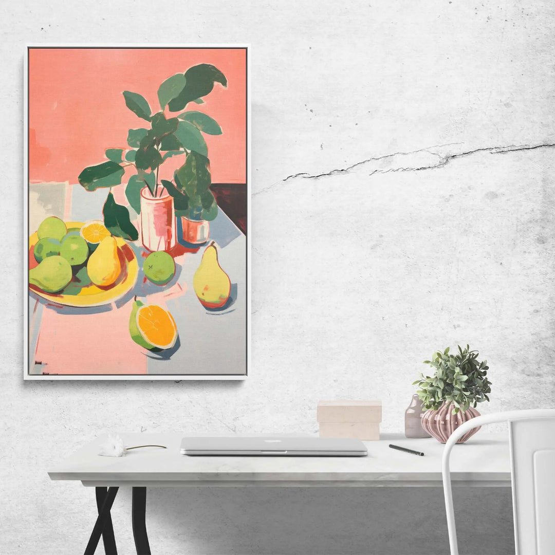 Vibrant coral and green still life painting in a white frame fresh fruit pink and yellow fine art stretched canvas print