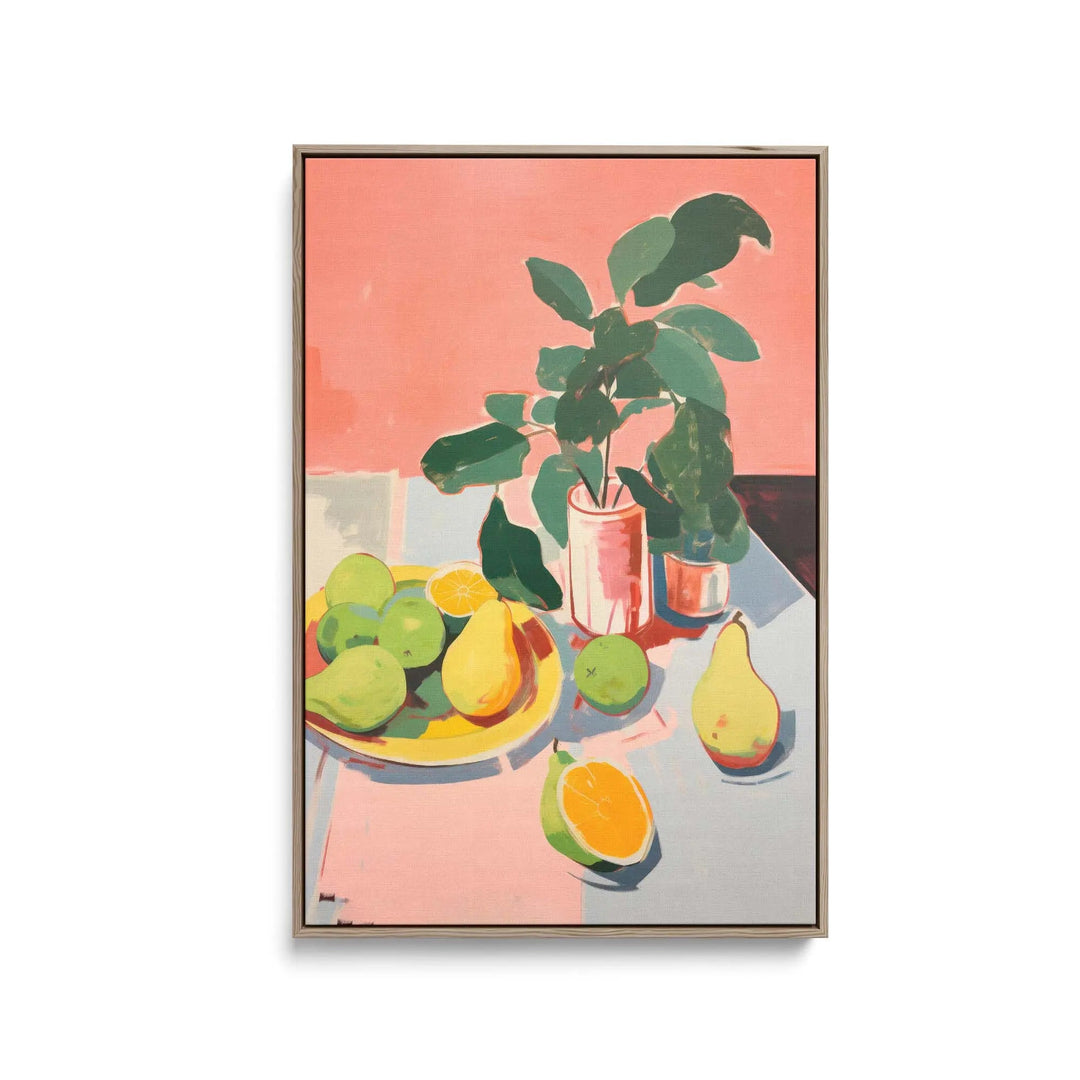 Fresh fruit pink and yellow still life stretched canvas print featuring a potted plant in a pink ceramic pot on coral background