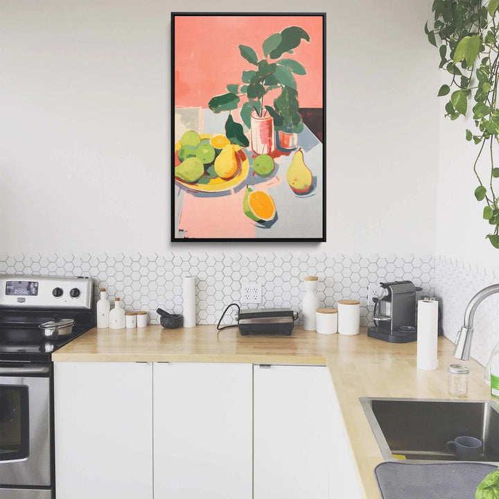 A framed fine art print of a fresh fruit still life with green leaves on a vibrant pink background in impressionistic style
