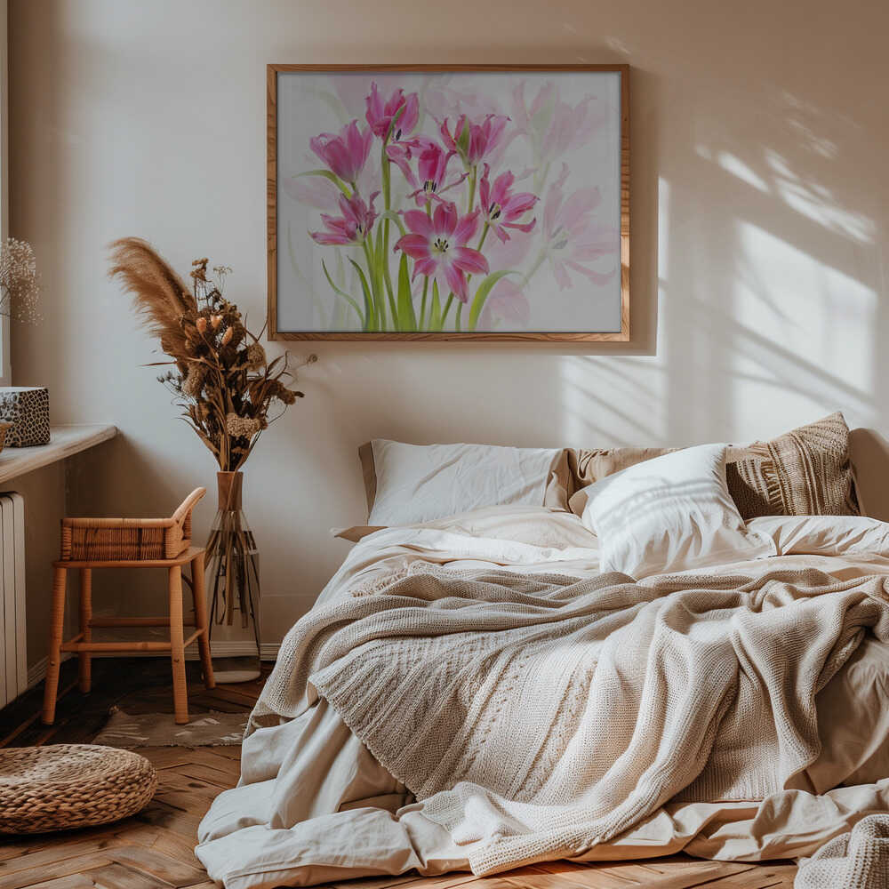 Fresh Pink Tulips - Floral Photographic Stretched Canvas Poster or Fine Art Print