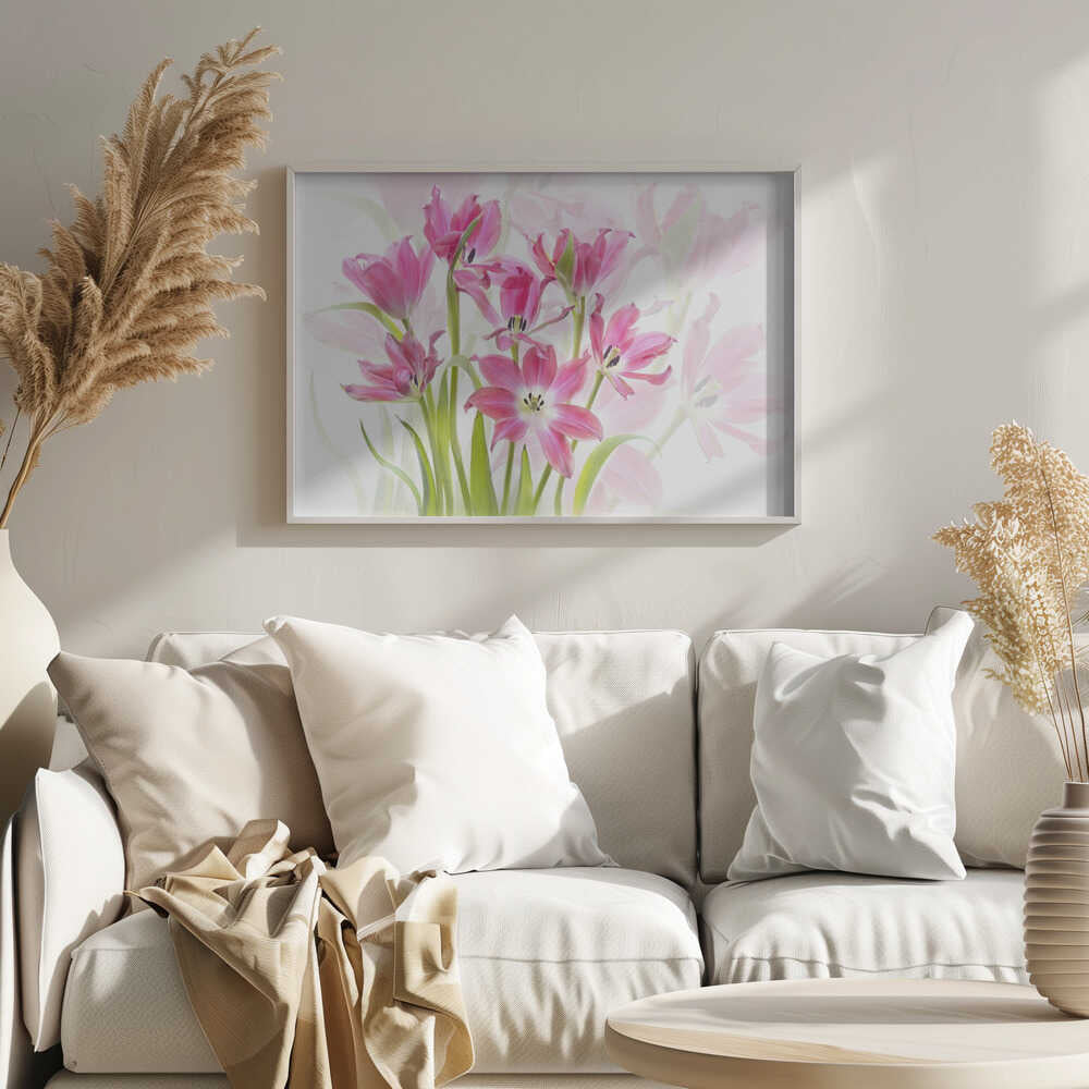 Fresh Pink Tulips - Floral Photographic Stretched Canvas Poster or Fine Art Print