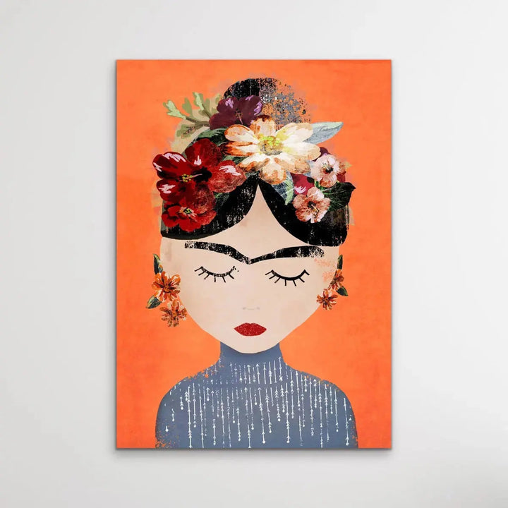 Frida In Orange - Colourful Frida Kahlo Illustration by TreeChild Available as a Canvas or Paper Print I Heart Wall Art Australia 