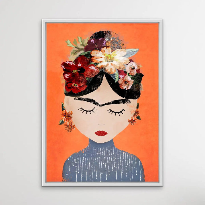 Frida In Orange - Colourful Frida Kahlo Illustration by TreeChild Available as a Canvas or Paper Print I Heart Wall Art Australia 