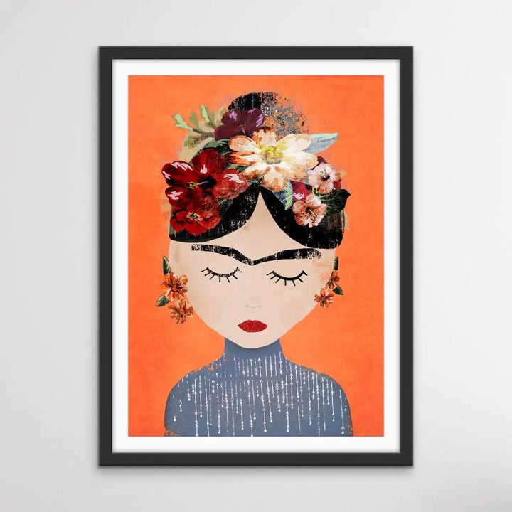 Frida In Orange - Colourful Frida Kahlo Illustration by TreeChild Available as a Canvas or Paper Print I Heart Wall Art Australia 