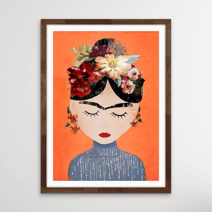 Frida In Orange - Colourful Frida Kahlo Illustration by TreeChild Available as a Canvas or Paper Print I Heart Wall Art Australia 