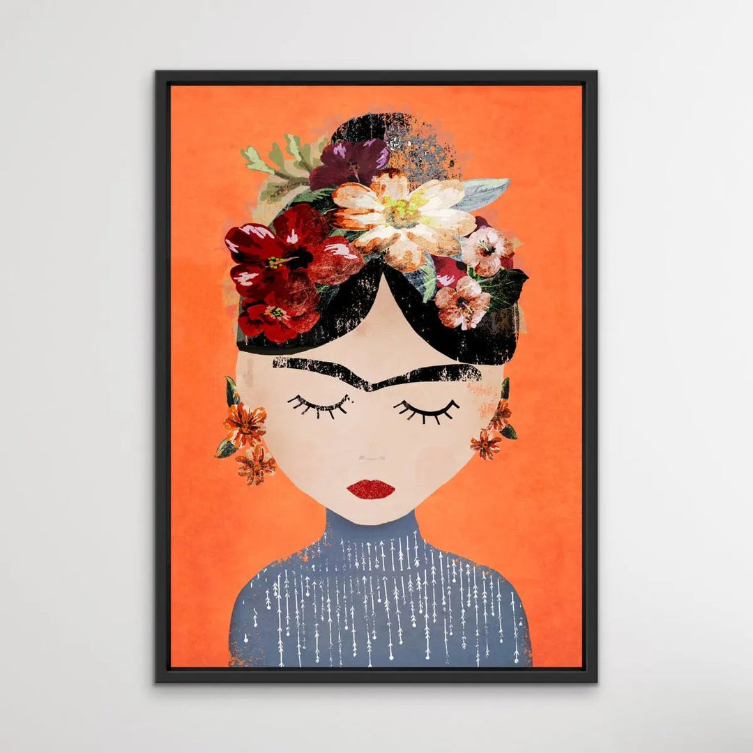 Frida In Orange - Colourful Frida Kahlo Illustration by TreeChild Available as a Canvas or Paper Print I Heart Wall Art Australia 