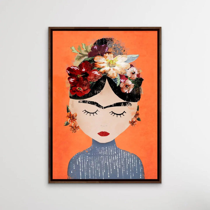 Frida In Orange - Colourful Frida Kahlo Illustration by TreeChild Available as a Canvas or Paper Print I Heart Wall Art Australia 