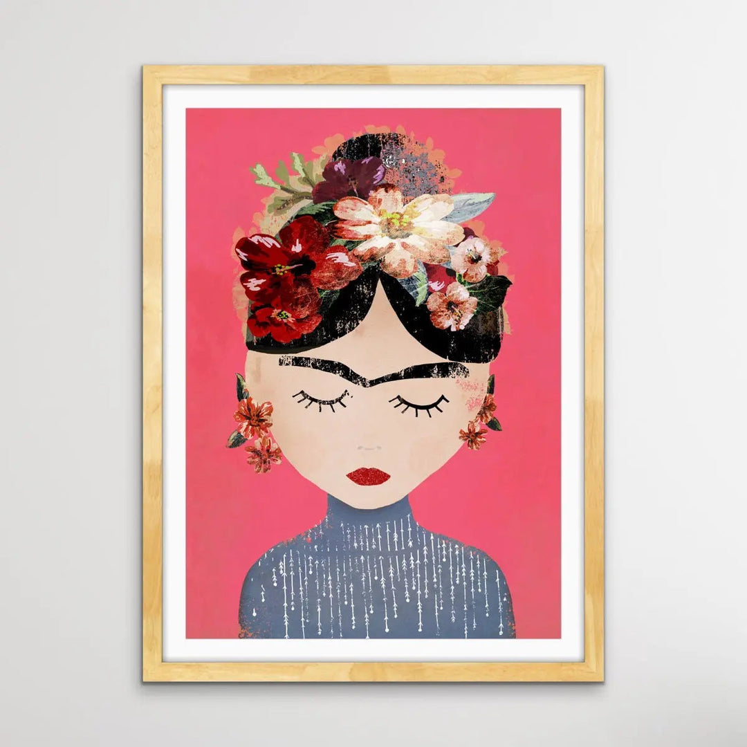 Frida In Pink - Colourful Frida Kahlo Illustration by TreeChild Available as a Canvas or Paper Print I Heart Wall Art Australia 