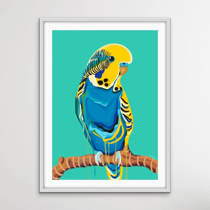 Full Budgie in Green By Emma Whitelaw - Green and Yellow Budgerigar Contemporary Artwork Canvas or Art Print I Heart Wall Art Australia 