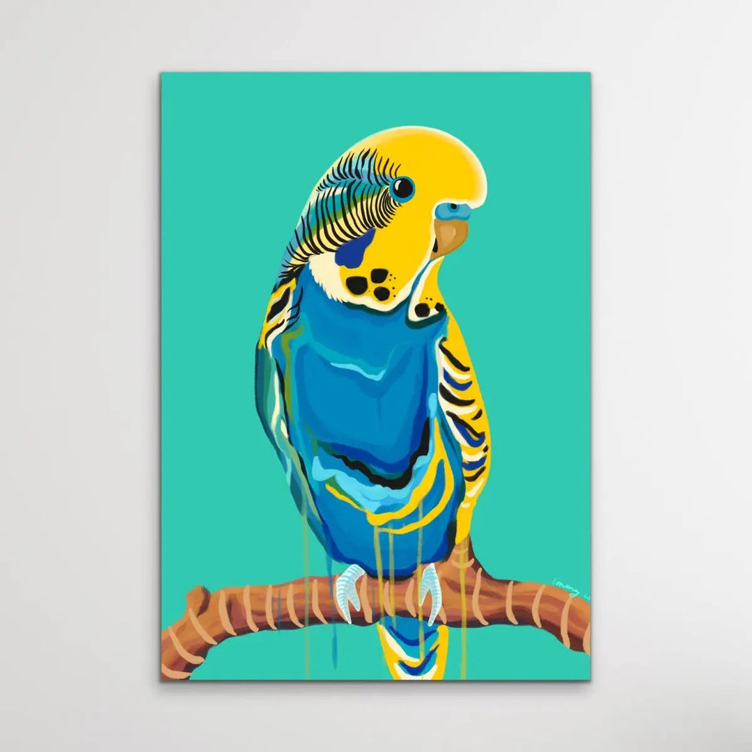 Full Budgie in Green By Emma Whitelaw - Green and Yellow Budgerigar Contemporary Artwork Canvas or Art Print I Heart Wall Art Australia 