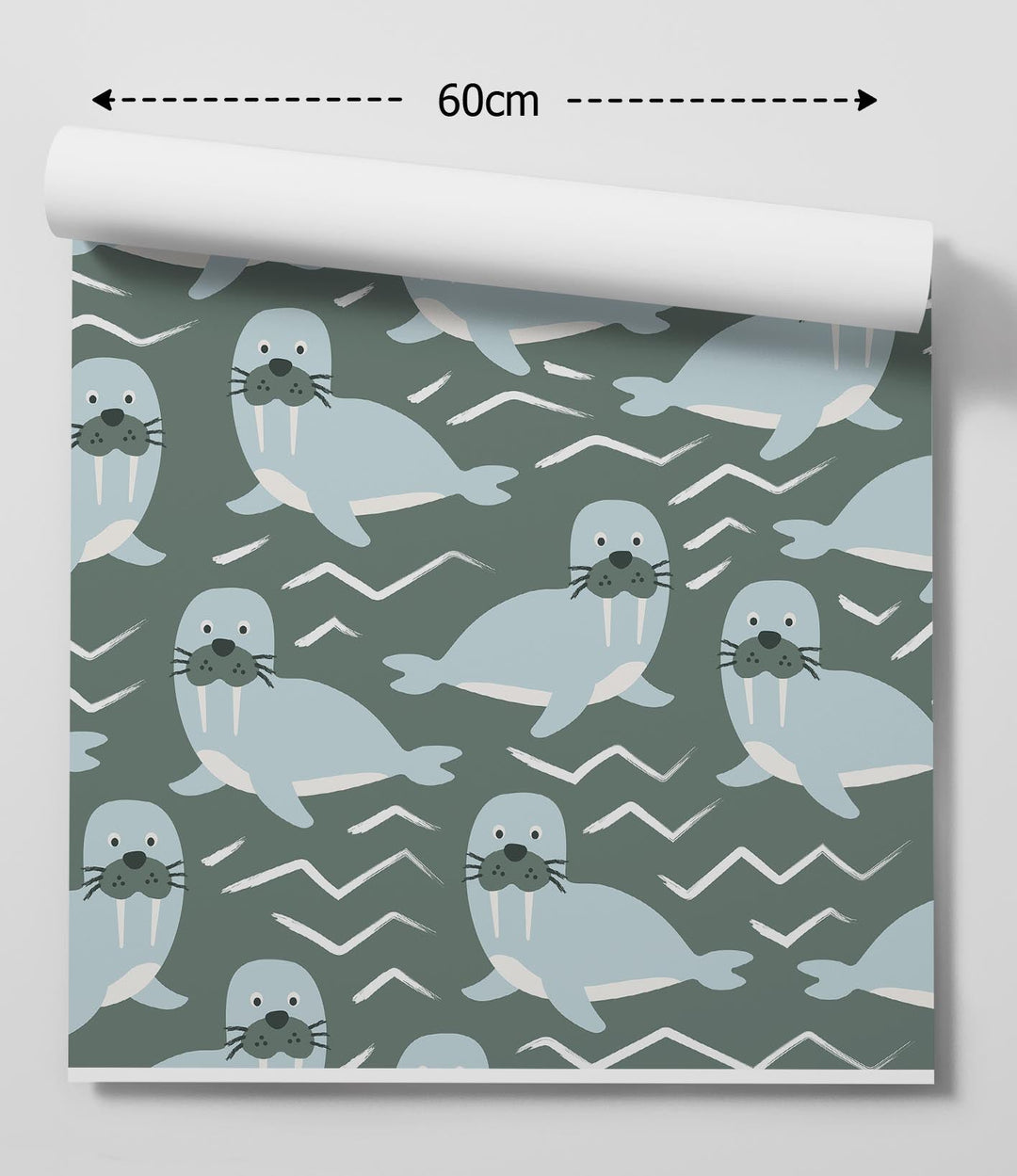 A roll of fun walrus peel and stick removable wallpaper with light blue cartoon walruses on dark green background