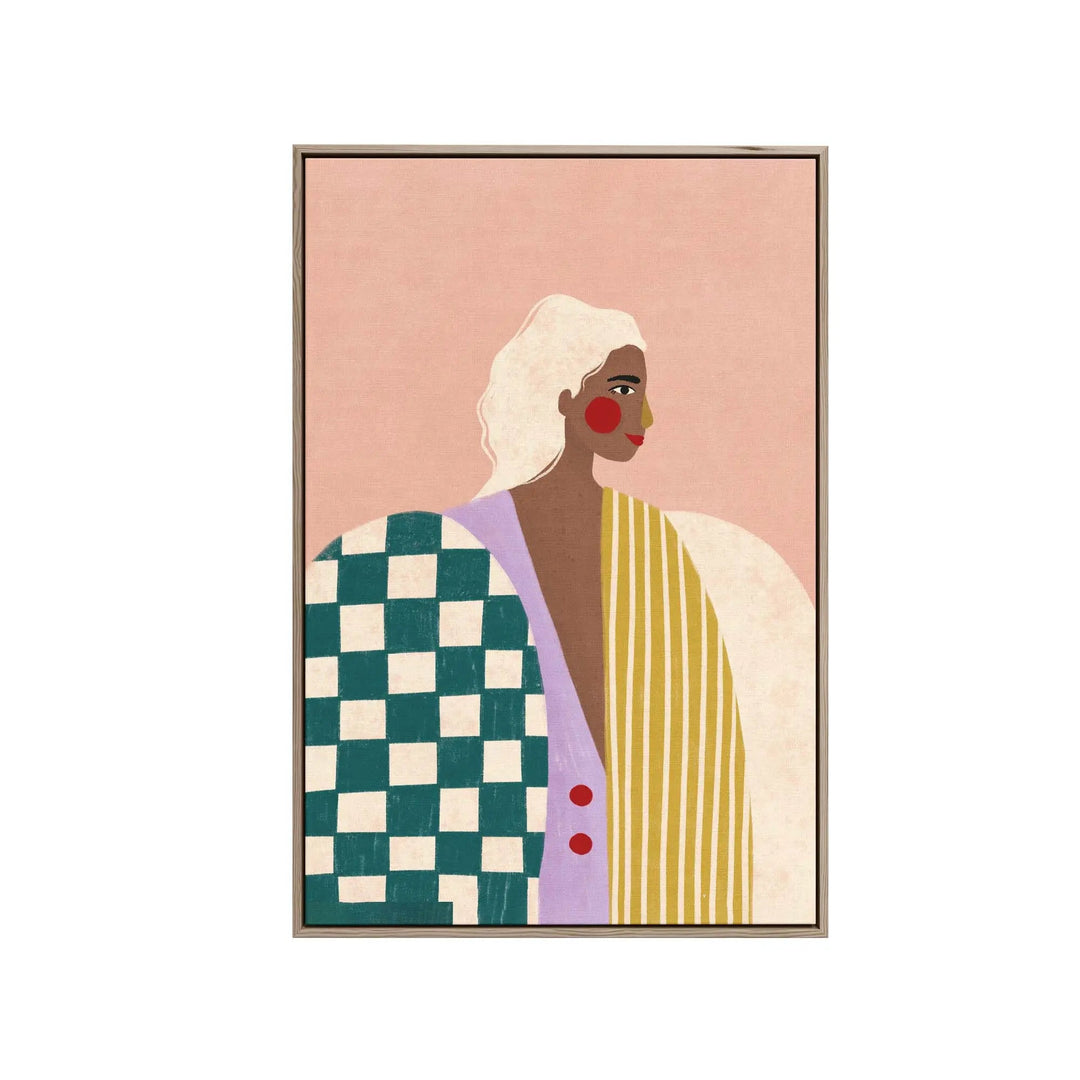 A framed fine art print of funky blouse by bea muller featuring a woman with white hair in a teal cream checkered layered outfit