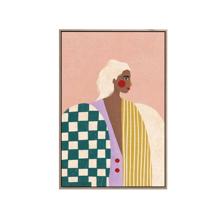 A framed fine art print of funky blouse by bea muller featuring a woman with white hair in a teal cream checkered layered outfit