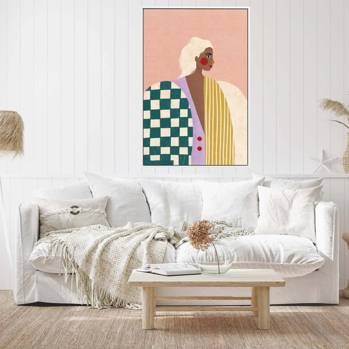 A modern abstract portrait of a blonde woman in a green and white checkered blouse on a colourful contemporary canvas print