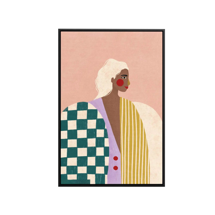 A framed fine art print of a white-haired woman wearing a checkered and striped blouse by Bea Muller