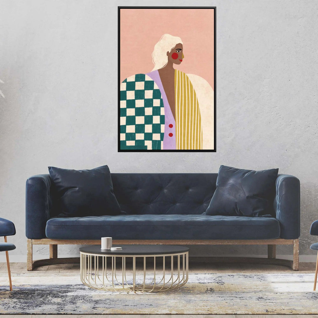 A framed modern art print titled Funky blouse by Bea Muller featuring a stylized woman in a green checkered top