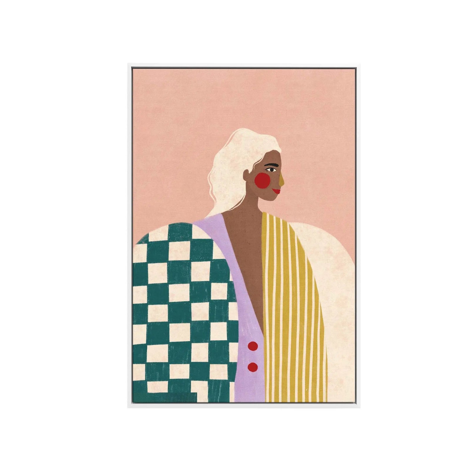 A colourful contemporary stretched canvas print of a stylized woman in a funky blouse by Bea Muller