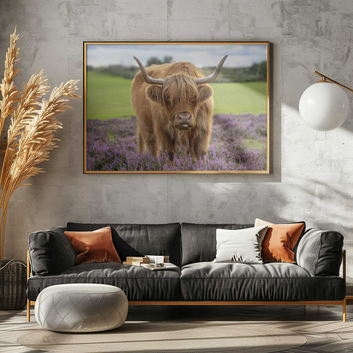 Funny Highland Cow Portrait - Floral Photographic Stretched Canvas Poster or Fine Art Print