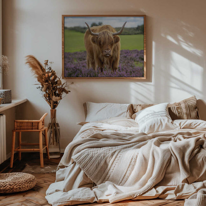 Funny Highland Cow Portrait - Floral Photographic Stretched Canvas Poster or Fine Art Print