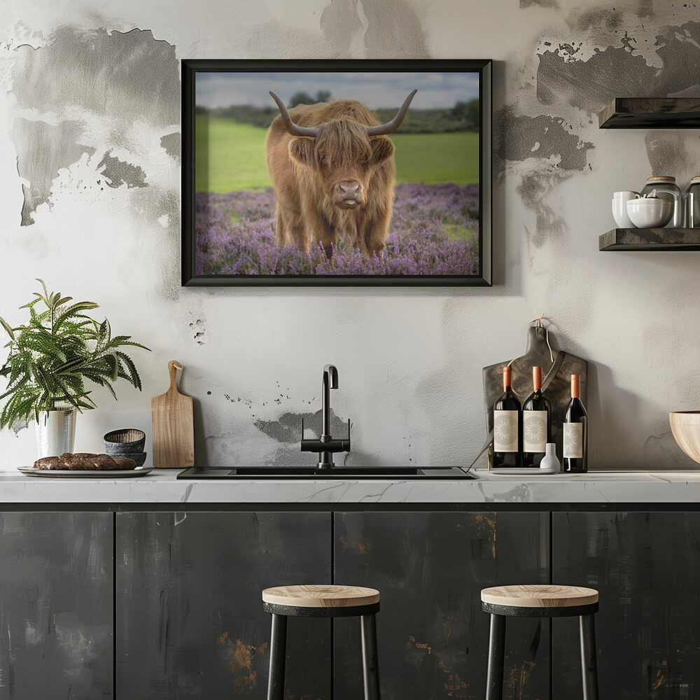 Funny Highland Cow Portrait - Floral Photographic Stretched Canvas Poster or Fine Art Print