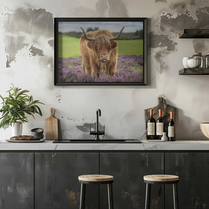 Funny Highland Cow Portrait - Floral Photographic Stretched Canvas Poster or Fine Art Print