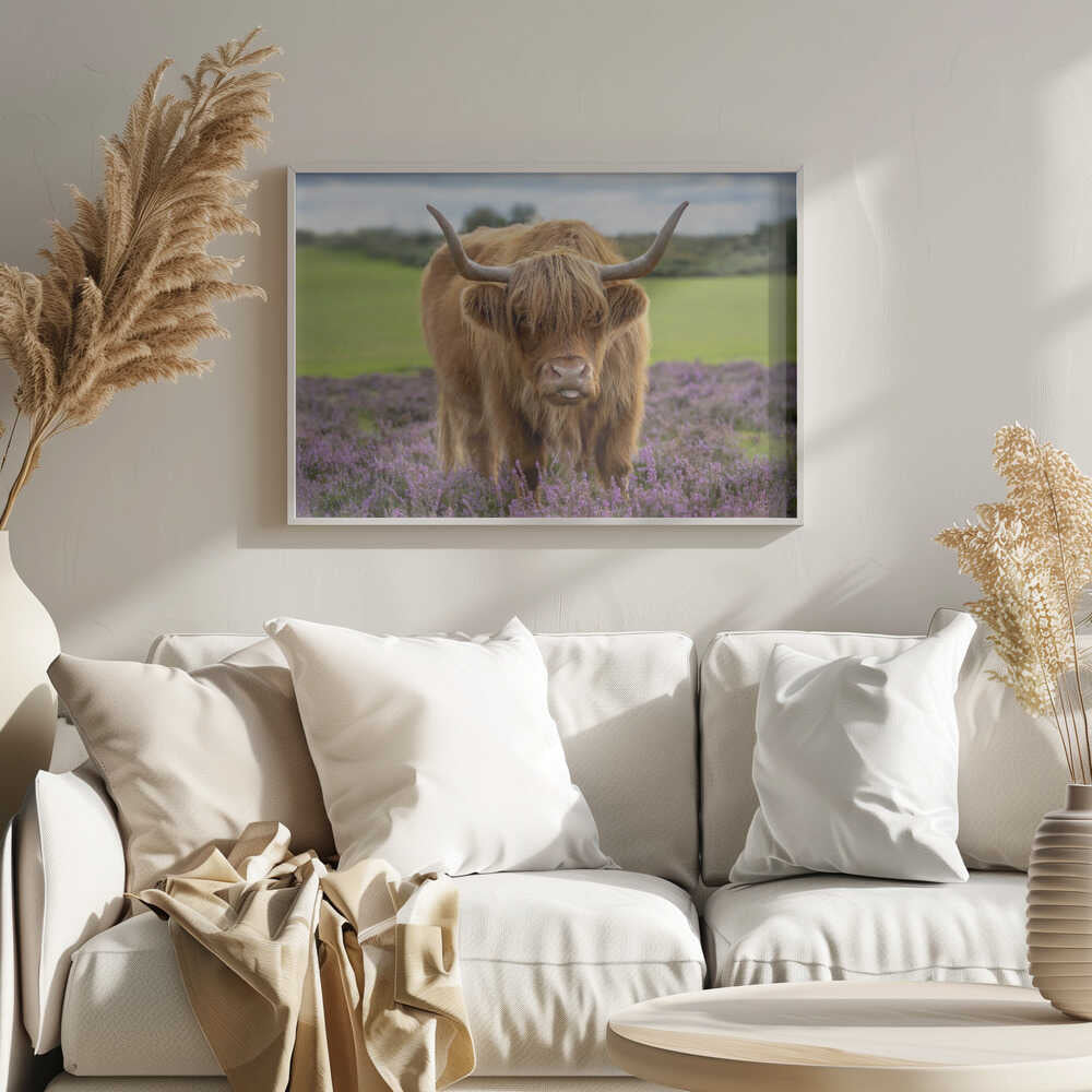 Funny Highland Cow Portrait - Floral Photographic Stretched Canvas Poster or Fine Art Print