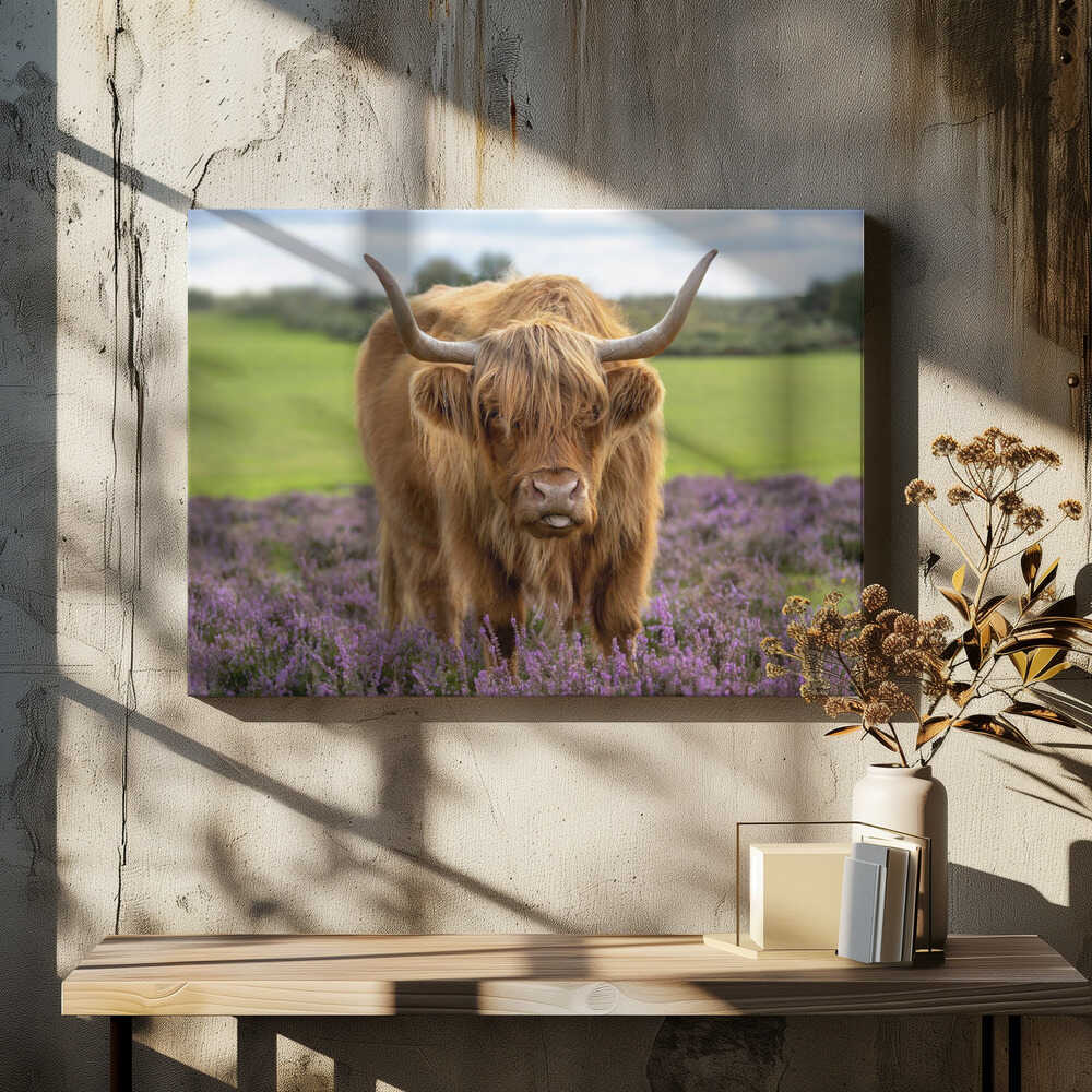 Funny Highland Cow Portrait - Floral Photographic Stretched Canvas Poster or Fine Art Print