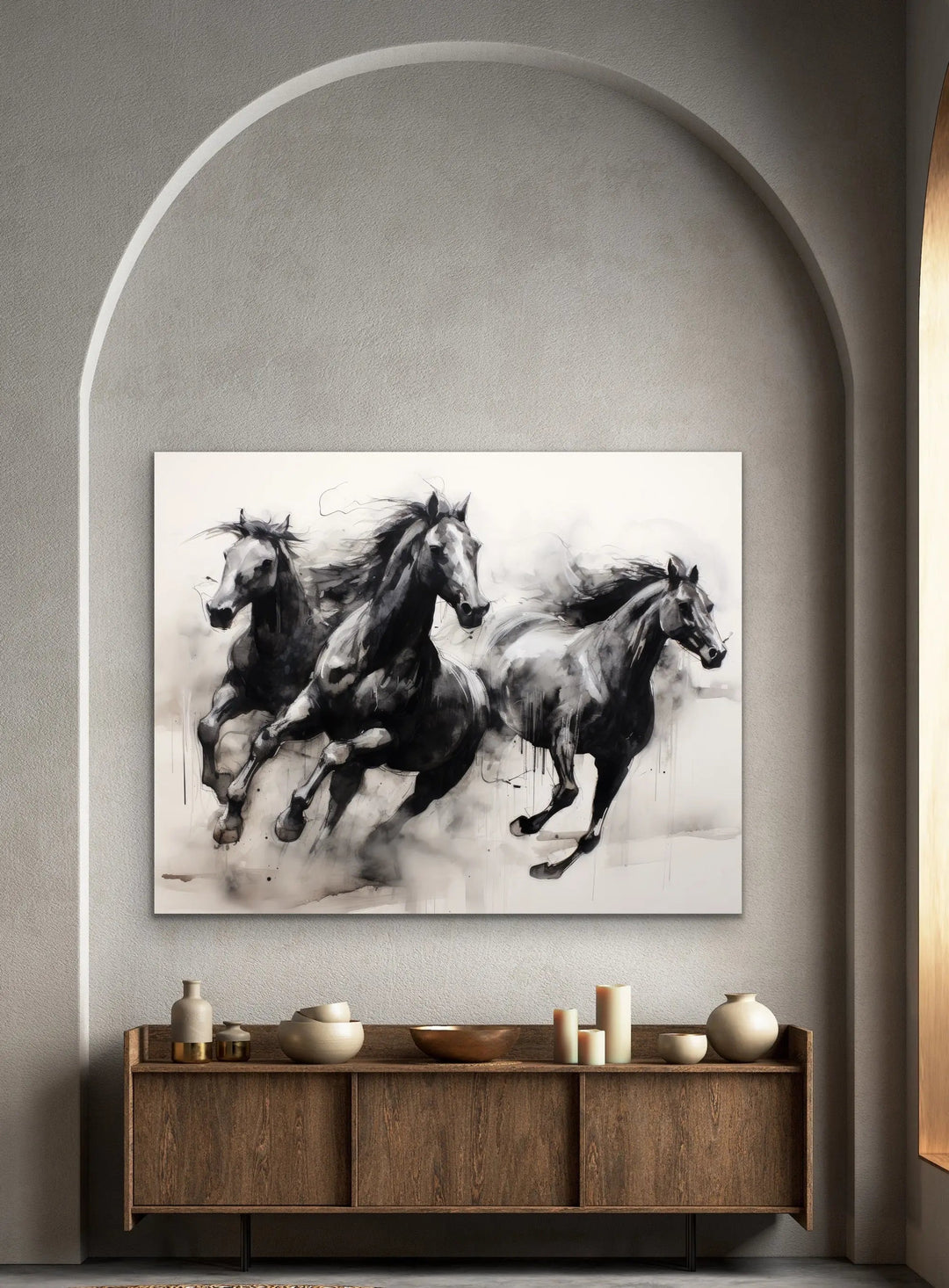 A black and white watercolor painting of three galloping horses on a stretched canvas print or framed fine art print
