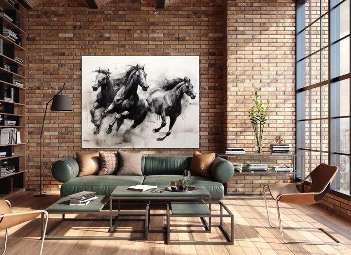 A striking black and white stretched canvas print of three galloping horses on a brick wall for fine art display