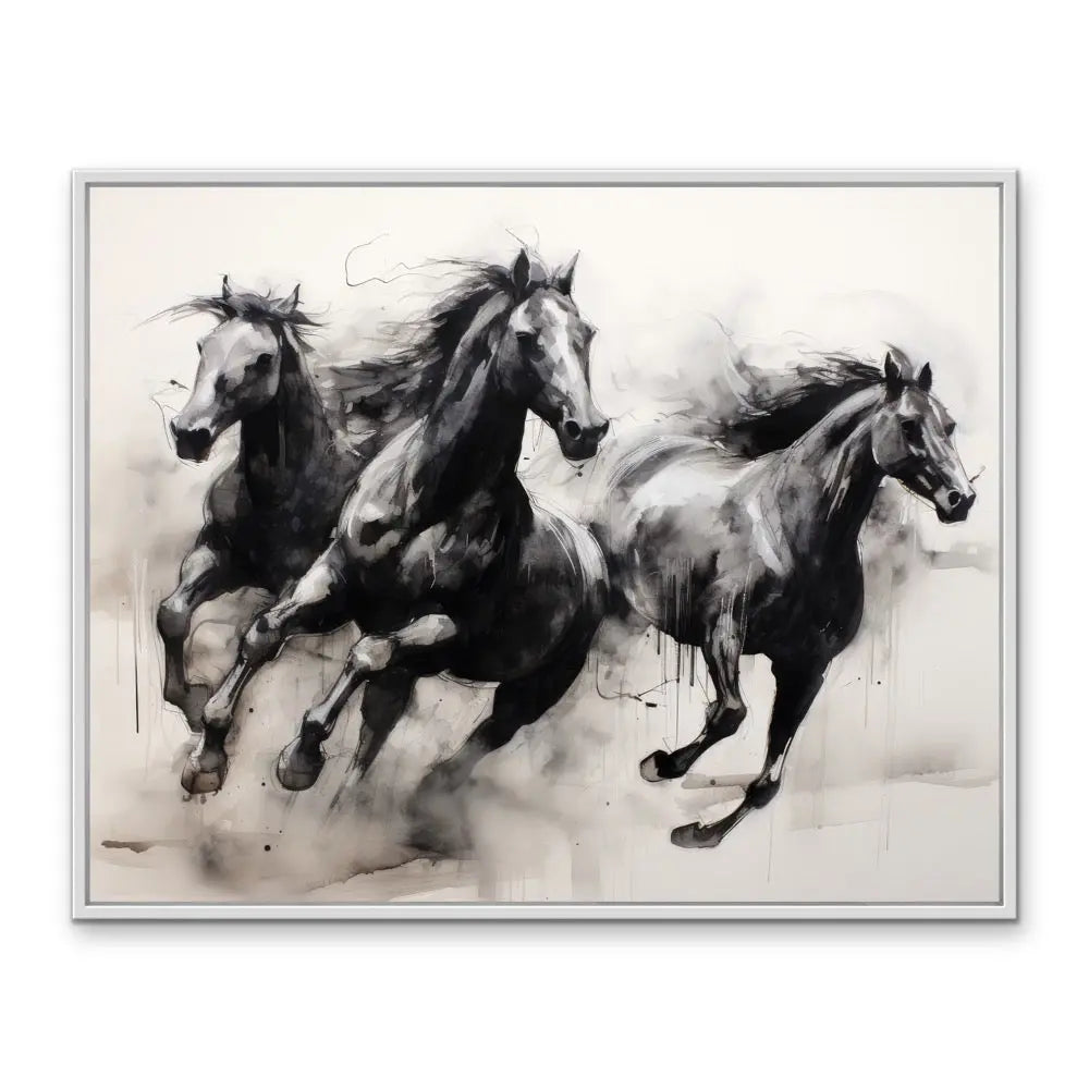 Black and white watercolor painting of three galloping horses in a silver frame on a stretched canvas print