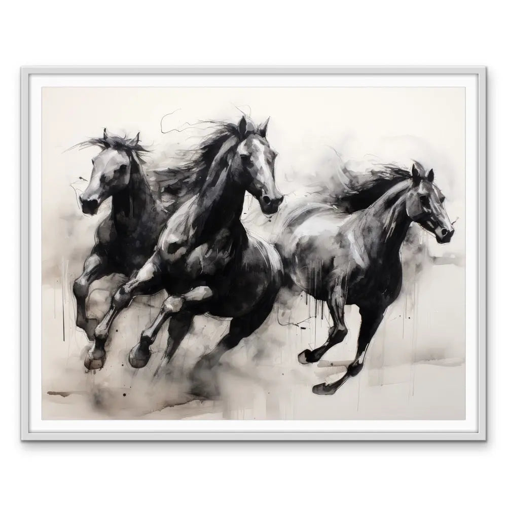 Black and white watercolor painting of three galloping horses in a silver frame on a gallop stretched canvas print