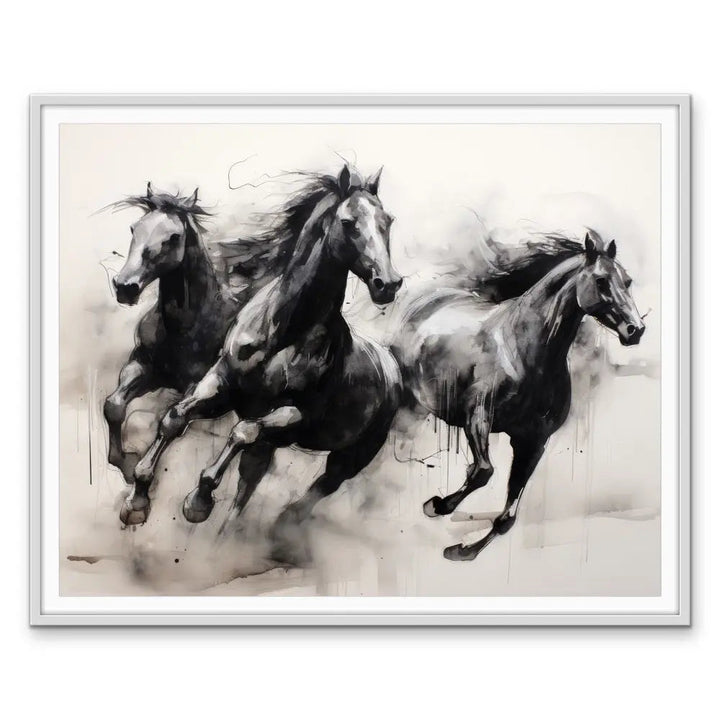 Black and white watercolor painting of three galloping horses in a silver frame on a gallop stretched canvas print