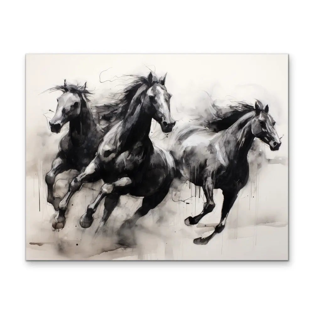Black and white abstract painting of three galloping horses on a stretched canvas print or framed fine art print