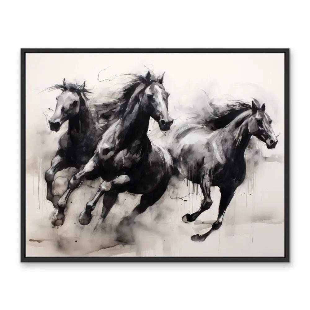 Black-framed stretched canvas print of monochromatic ink wash artwork featuring three dynamic horses in motion