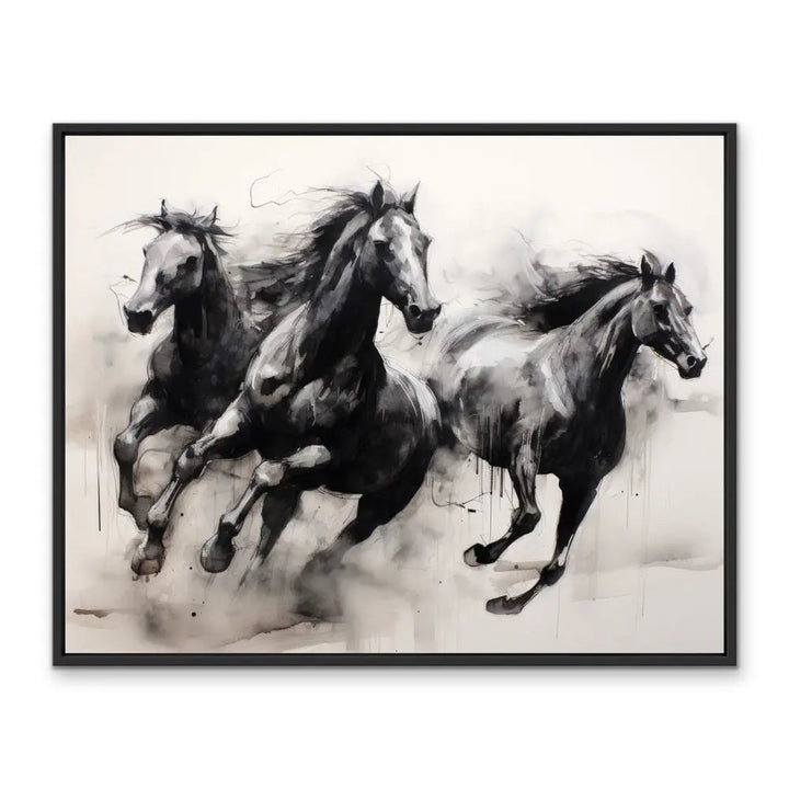 Black-framed stretched canvas print of monochromatic ink wash artwork featuring three dynamic horses in motion