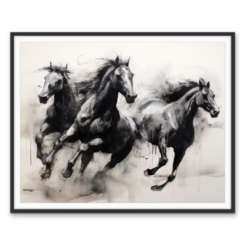 Black and white watercolor painting of three galloping horses in a sleek black framed stretched canvas print