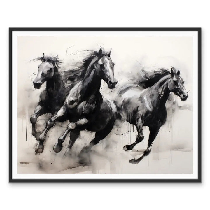Black and white watercolor painting of three galloping horses in a sleek black framed stretched canvas print