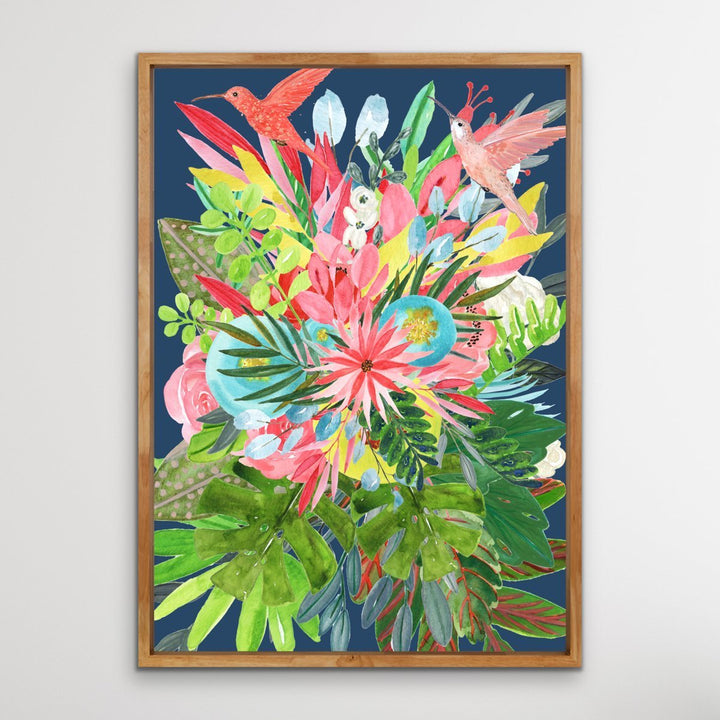 Garden Of Eden In Blue - Tropical Jungle Watercolour Print Stretched Canvas Wall Art - I Heart Wall Art