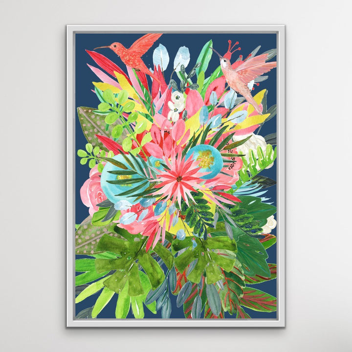Garden Of Eden In Blue - Tropical Jungle Watercolour Print Stretched Canvas Wall Art - I Heart Wall Art